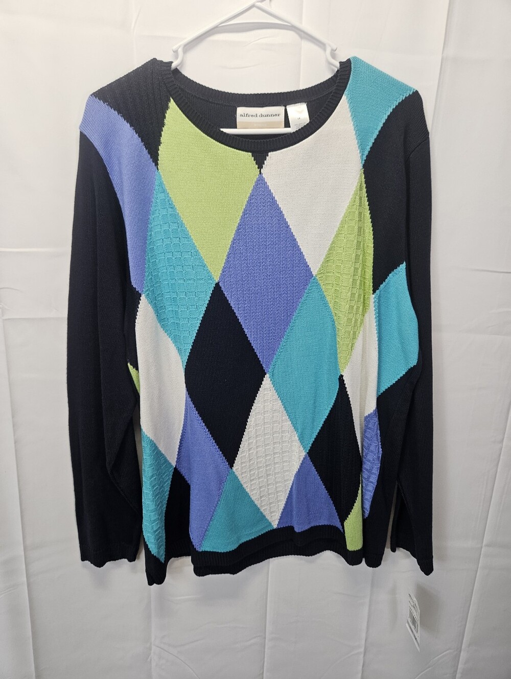Alfred Dunner Navy Crewneck Sweater with Blue, Teal, Lime & White Argyle NWT